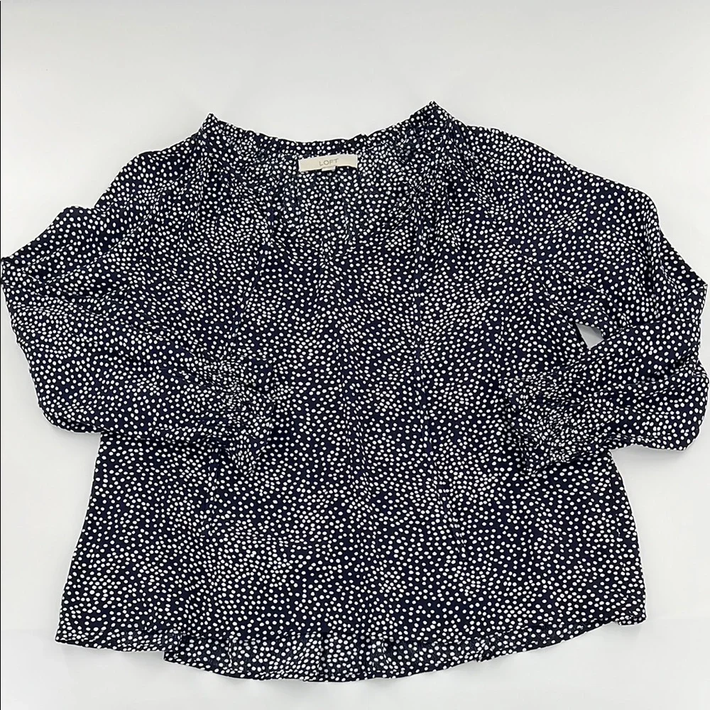 LOFT Navy blue and White polka dot Puff‎ Sleeve Blouse with Mandarin Collar